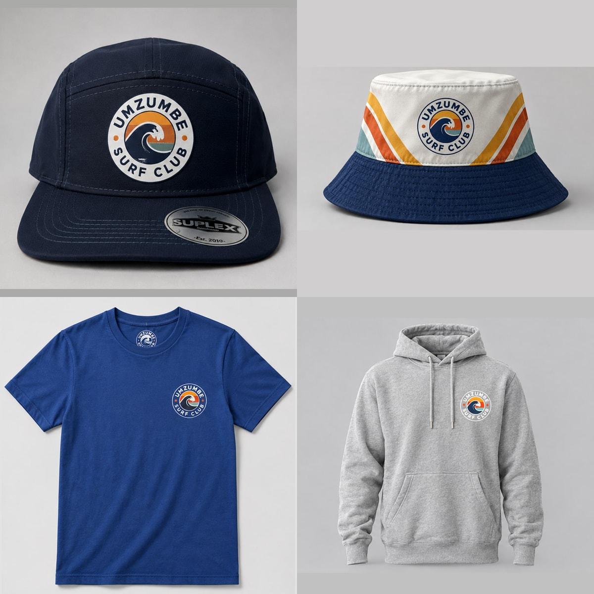 Umzumbe Surf Club merch — navy five-panel cap, striped bucket hat, navy badge tee and grey hoodie, each carrying the circular club badge